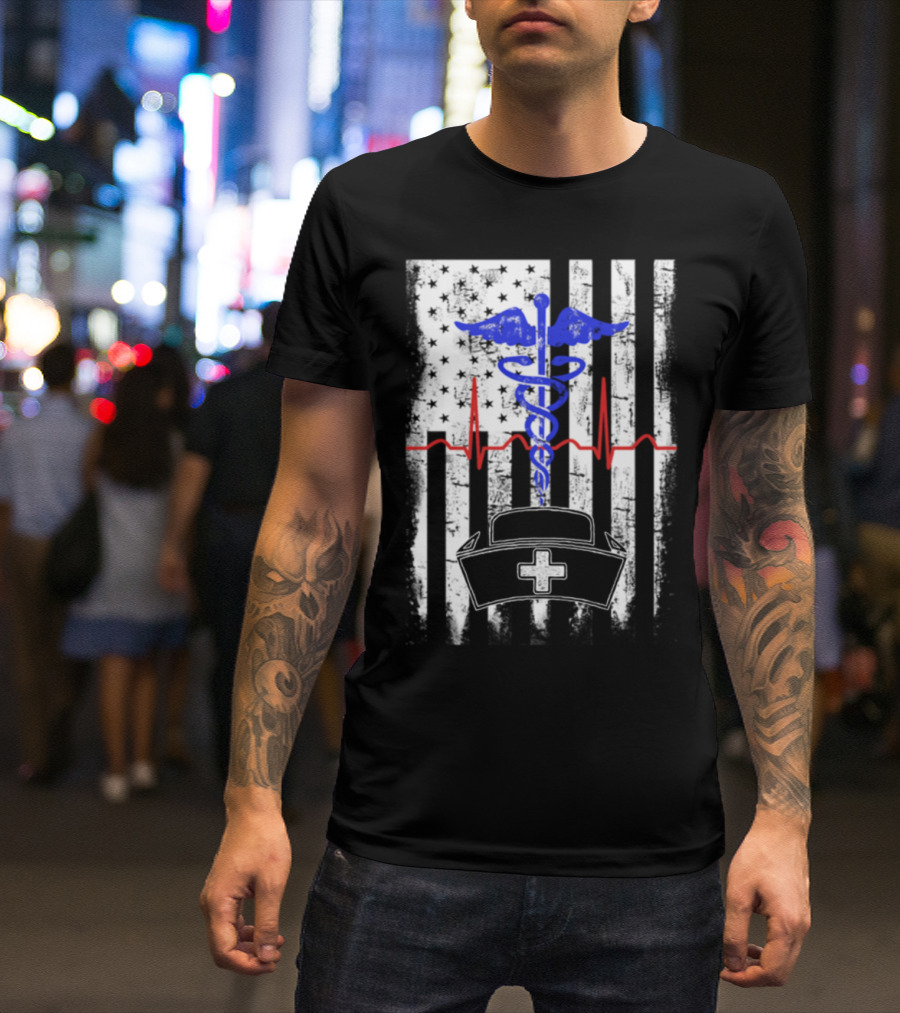 American Nurse Caduceus And Heartbeat With Flag Elements T-Shirt
