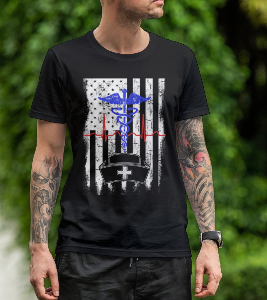 American Nurse Caduceus And Heartbeat With Flag Elements T-Shirt