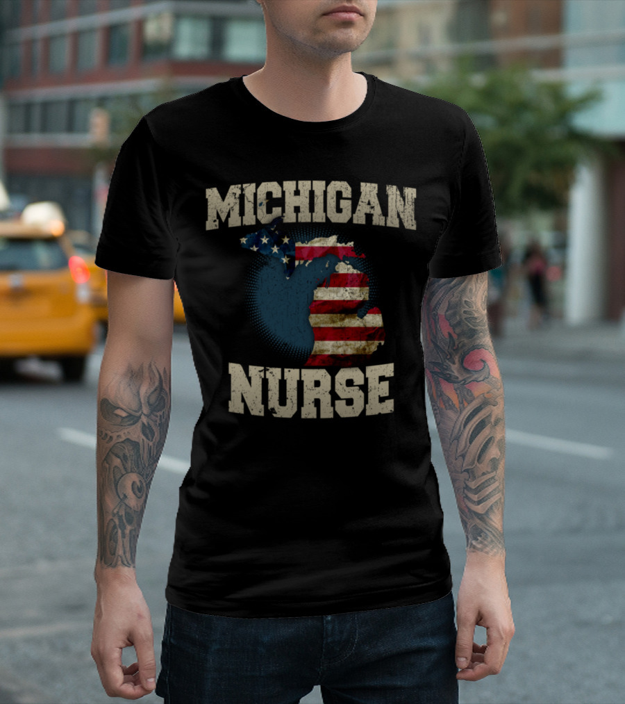 Michigan Nurse American Flag Map T-Shirt