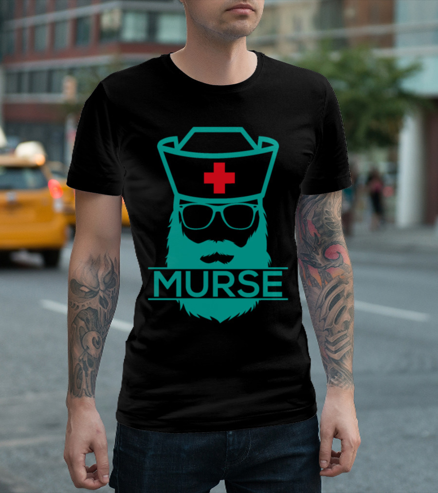 Murse Bearded Nurse Hat And Glasses With Red Cross Health Care Treatment T-Shirt