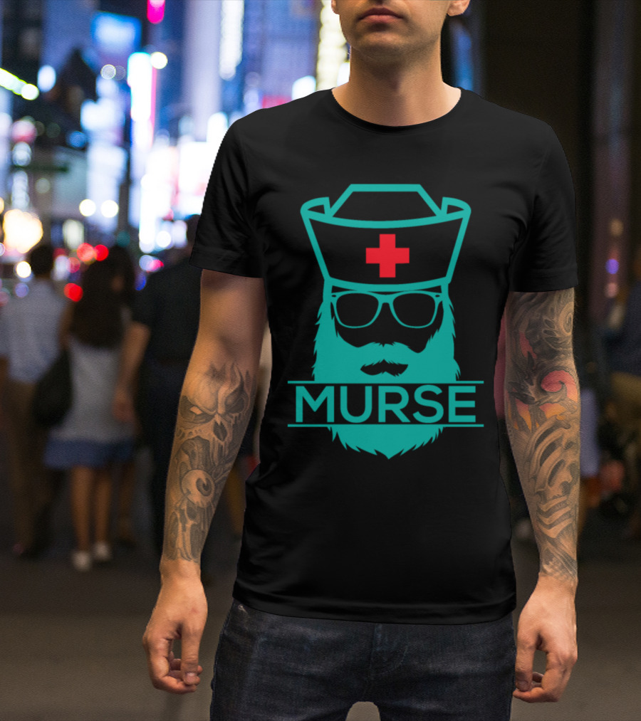 Murse Bearded Nurse Hat And Glasses With Red Cross Health Care Treatment T-Shirt