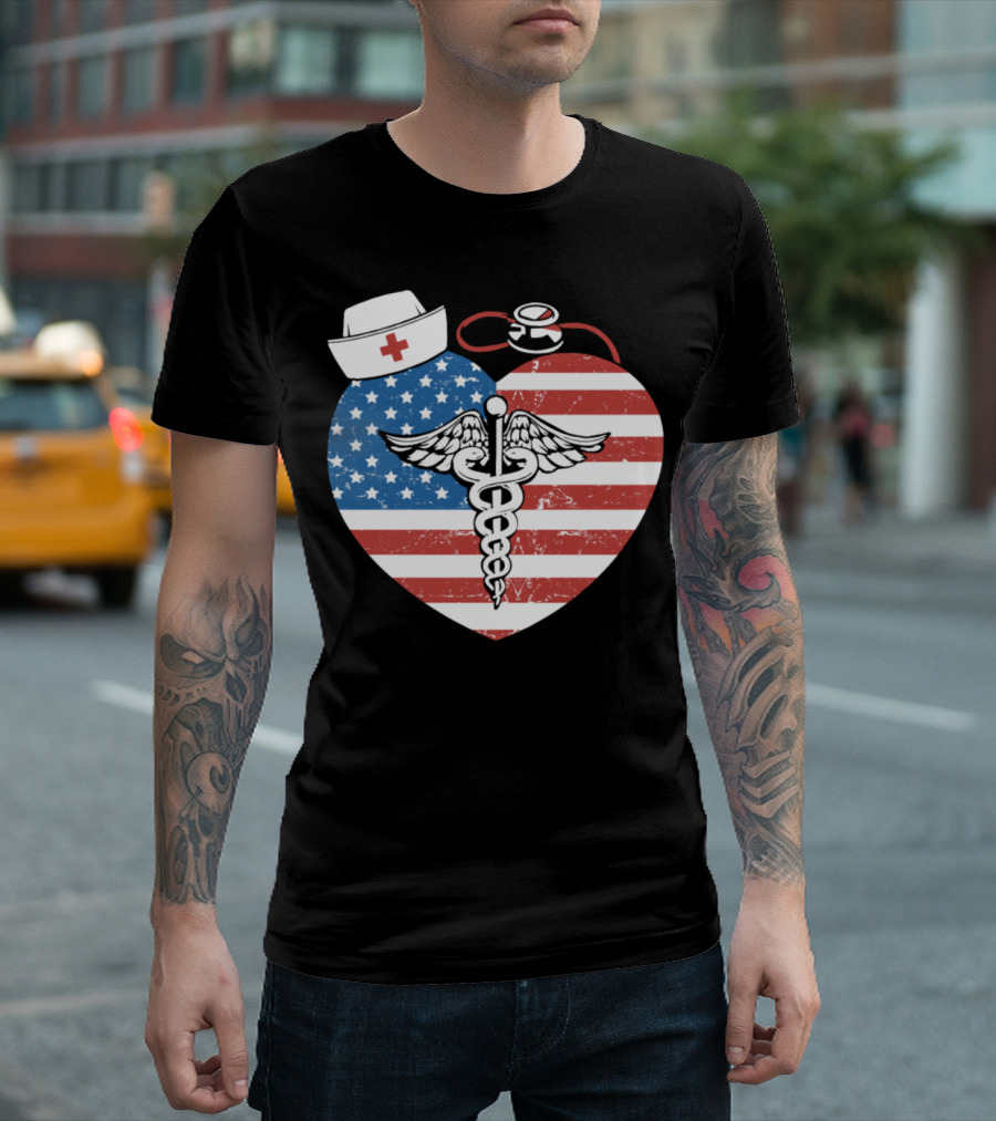 Patriotic American Nurse Heart with Caduceus Cancer Awareness T-Shirt