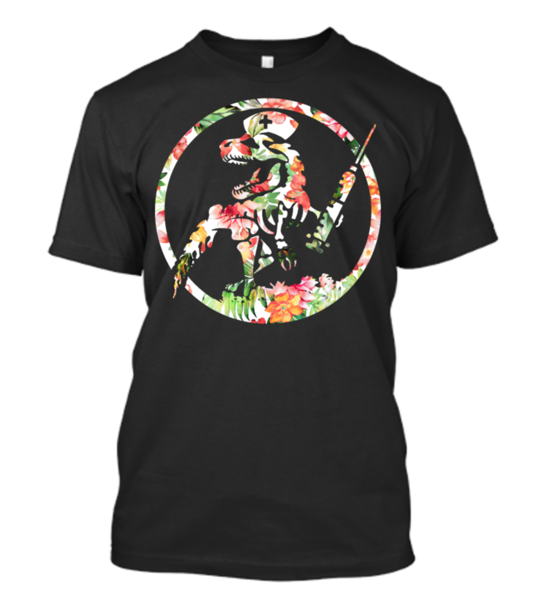 Floral Nurse Saurus Dinosaur Skeleton Circle T-Shirt