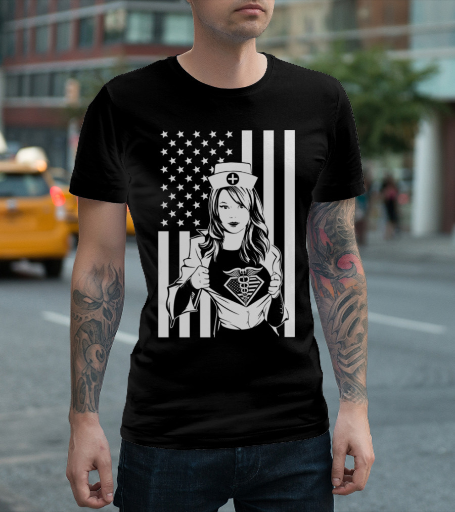 Super Nurse Beautiful American Flag Heroine T-Shirt