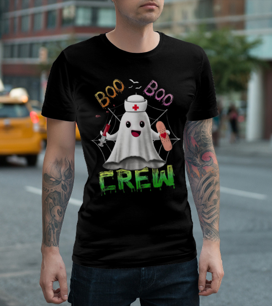 Boo Boo Crew Nurse Ghost With Syringe And Bandage On Spider Web T-Shirt