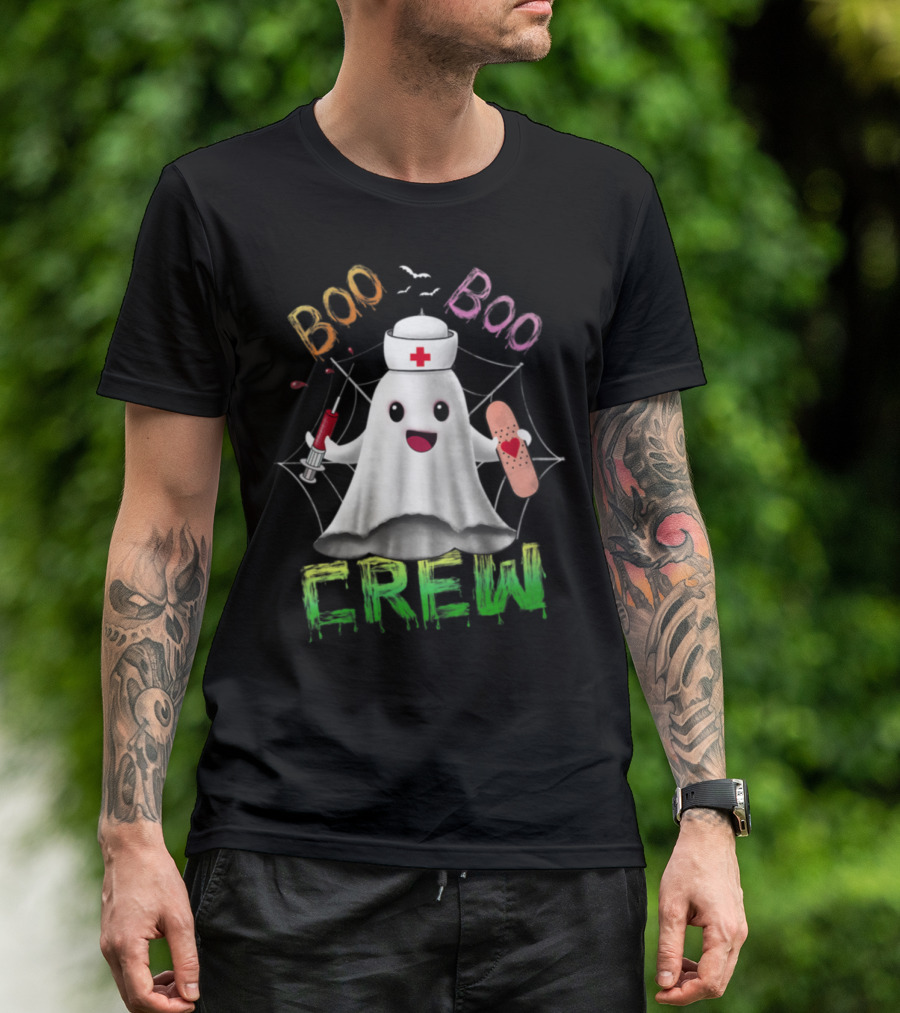 Boo Boo Crew Nurse Ghost With Syringe And Bandage On Spider Web T-Shirt
