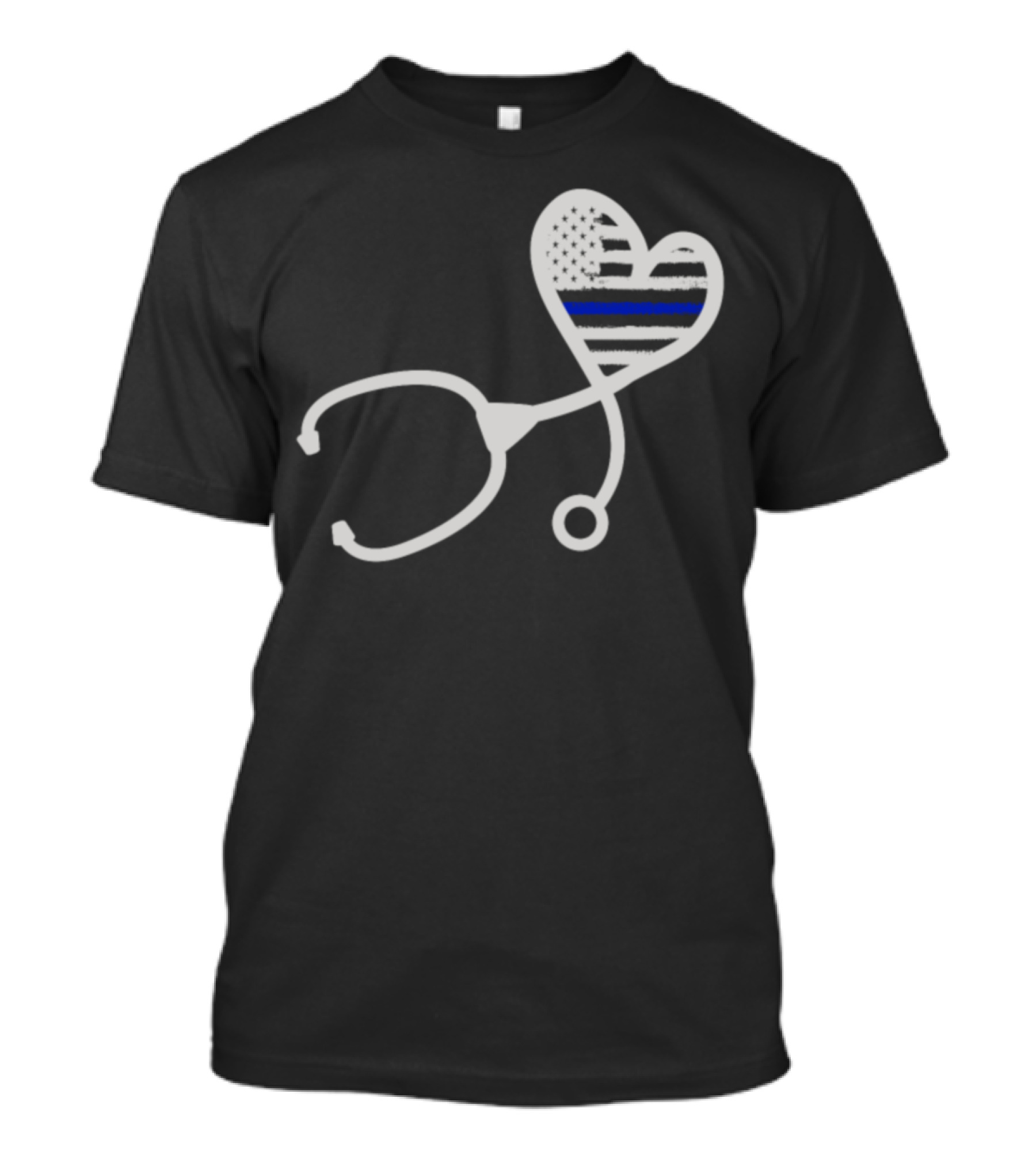 Police Officer Nurse Heart Stethoscope Thin Blue Line Flag T-Shirt