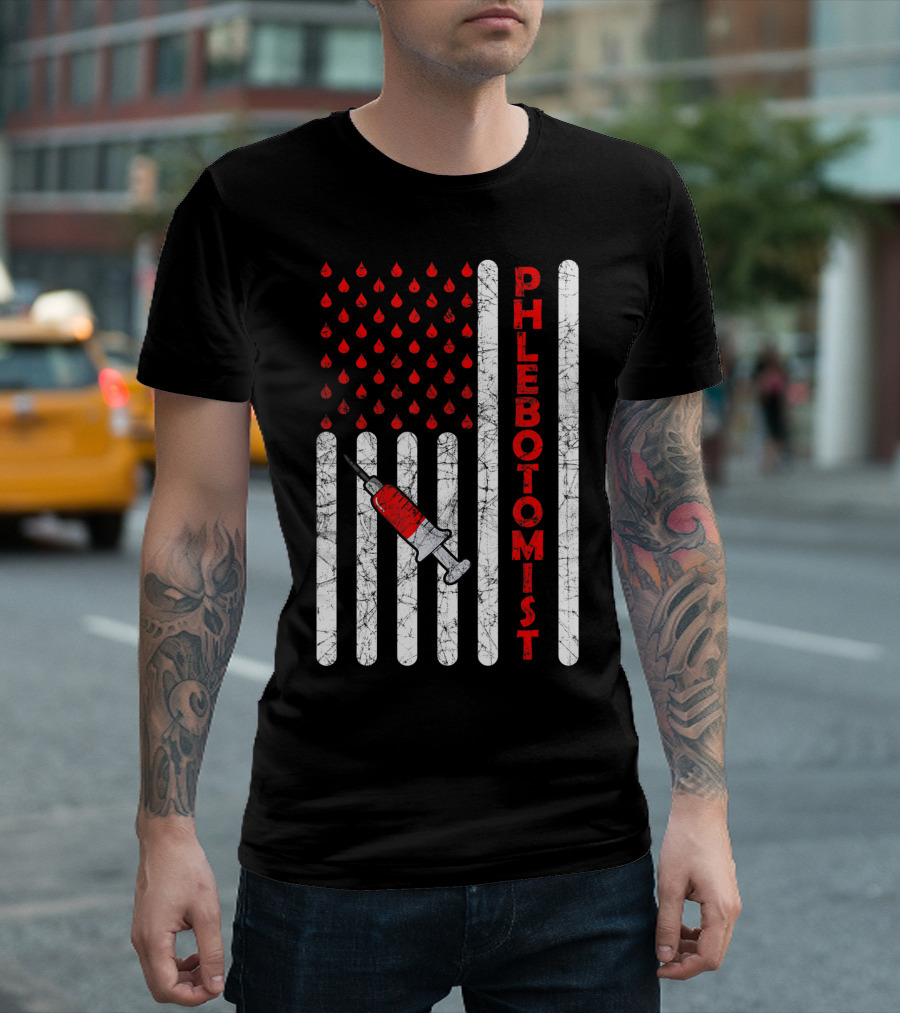 American Flag Phlebotomist Syringe Blood Drops Patriotic Phlebotomy Nursing T-Shirt