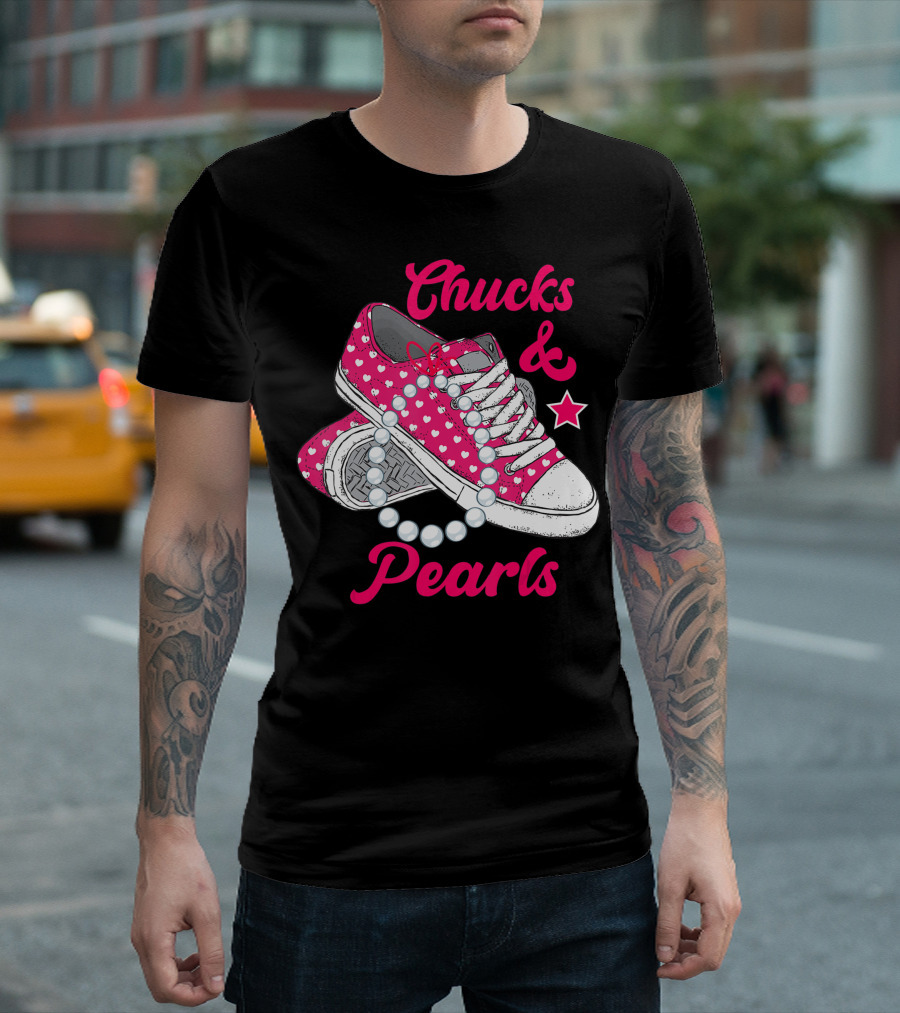 Chucks And Pearls Pink Heart Sneakers and White Bead Necklace T-Shirt