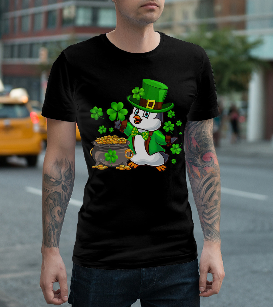 St Patricks Day Penguin with Shamrock and Pot of Gold T-Shirt