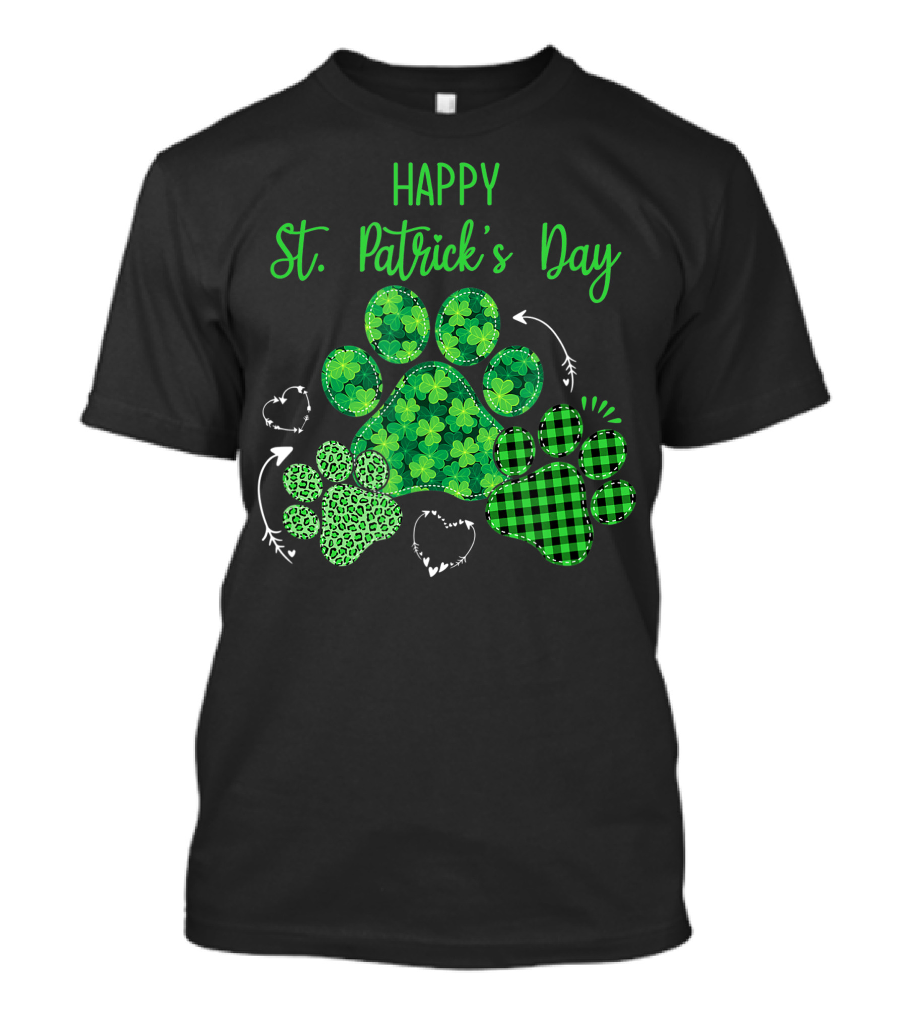 Happy Saint Patrick's Day Clover Plaid Leopard Print Dog Paws T-Shirt