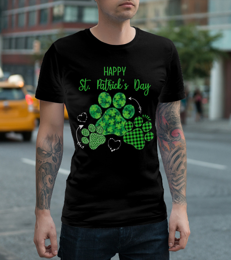 Happy Saint Patrick's Day Clover Plaid Leopard Print Dog Paws T-Shirt