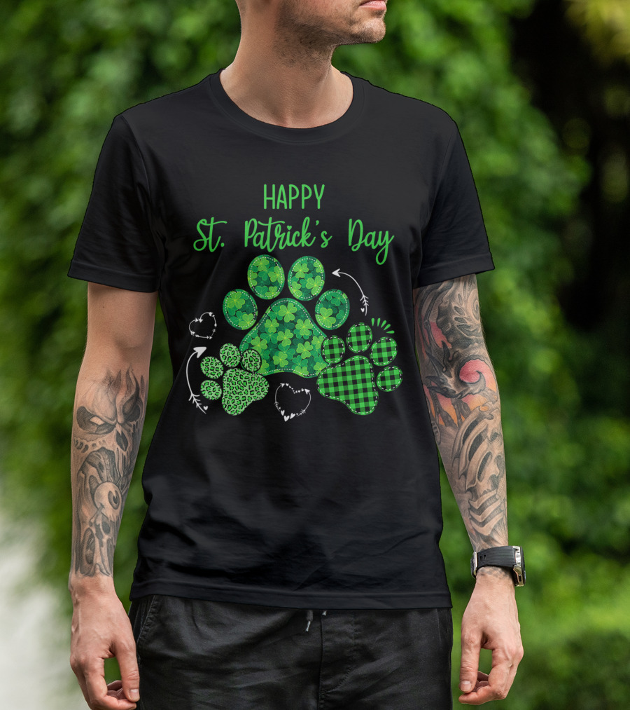 Happy Saint Patrick's Day Clover Plaid Leopard Print Dog Paws T-Shirt