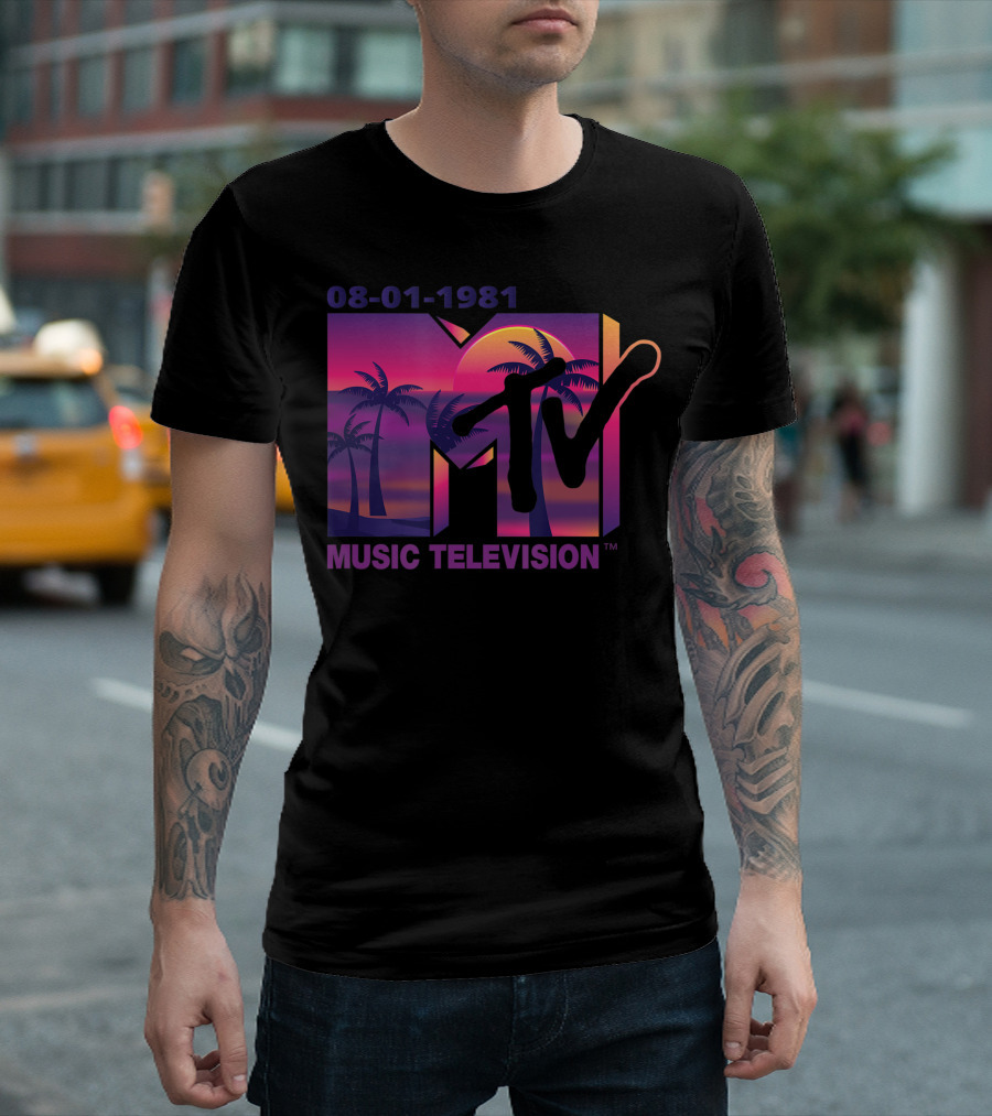 08-01-1981 Mademark X MTV Music Television Purple Palms Sunset T-Shirt