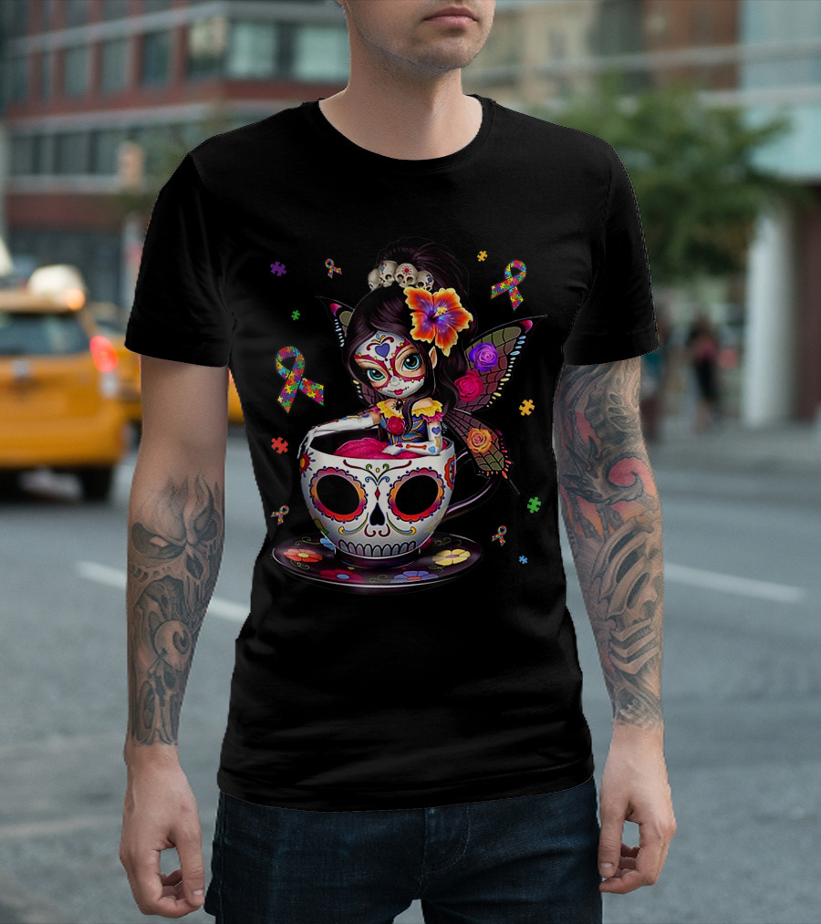 Autism Awareness Sugar Skull Fairy with Coffee Cup and Puzzle Ribbons T-Shirt
