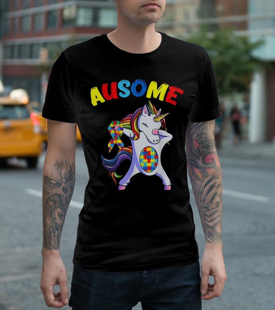 Ausome Autism Puzzle Dabbing Unicorn T-Shirt