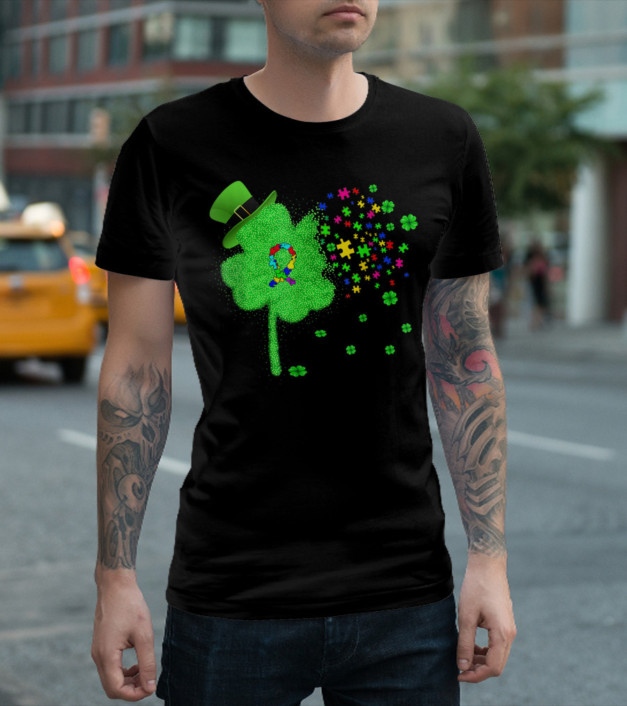 Autism Awareness St Patrick's Day Clover Puzzle Pieces Hat T-Shirt