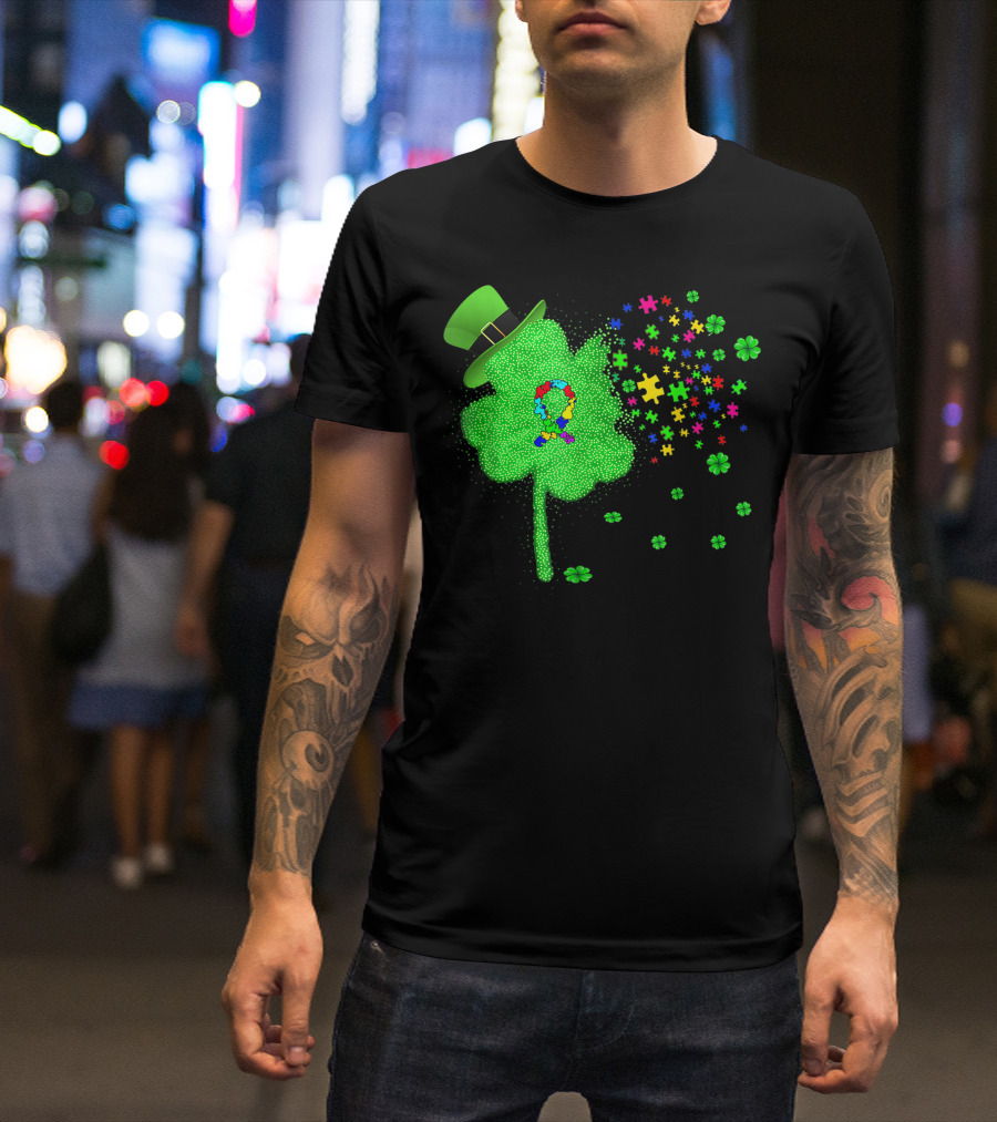 Autism Awareness St Patrick's Day Clover Puzzle Pieces Hat T-Shirt