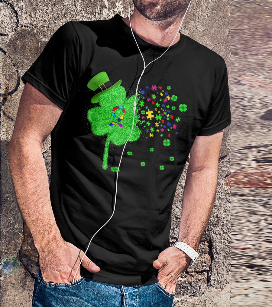 Autism Awareness St Patrick's Day Clover Puzzle Pieces Hat T-Shirt