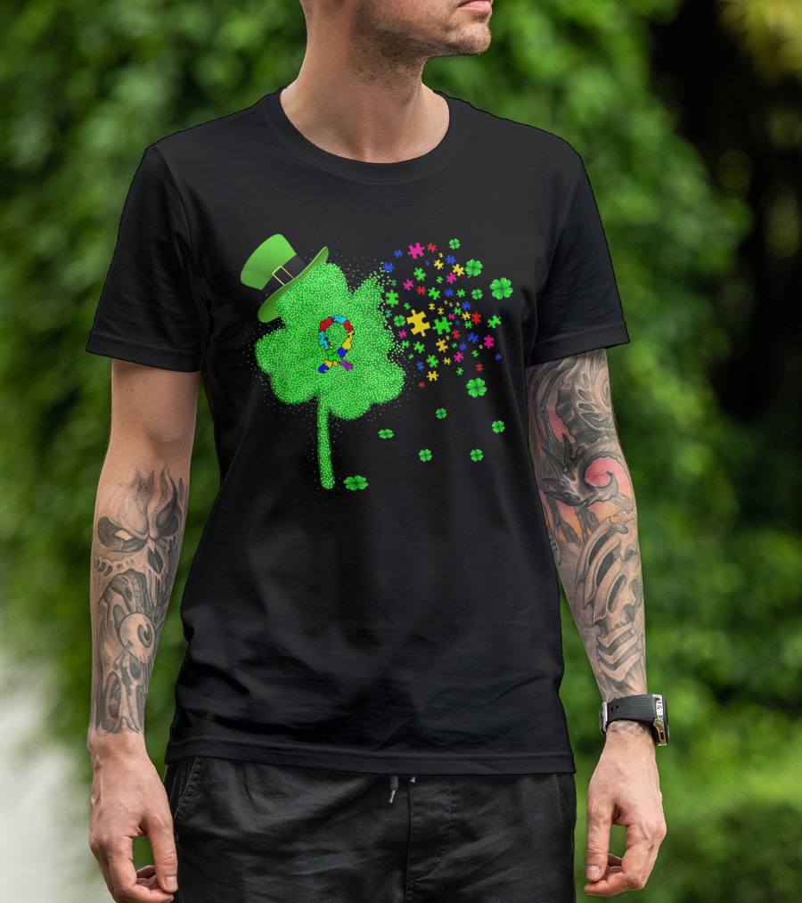 Autism Awareness St Patrick's Day Clover Puzzle Pieces Hat T-Shirt