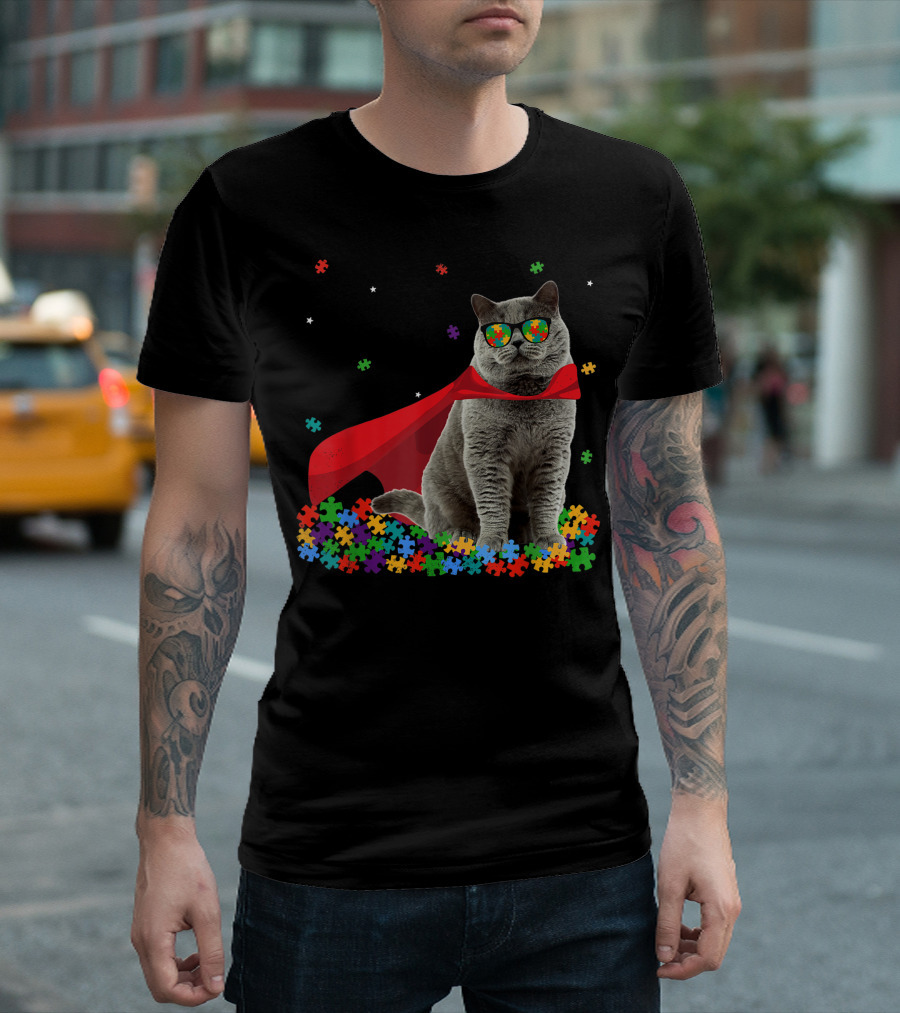 British Shorthair Cat with Puzzle Piece Glasses and Cape for Autism Awareness T-Shirt