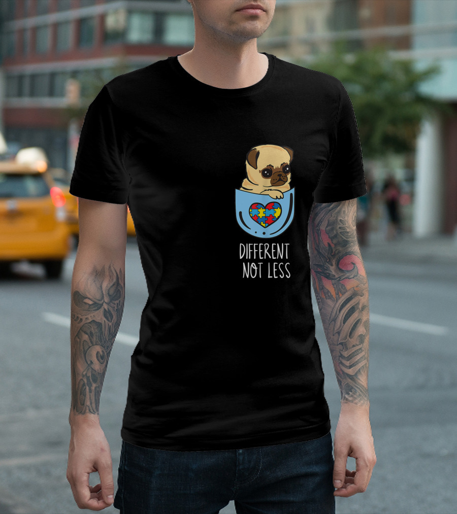 Different Not Less Autism Awareness Pug in Puzzle Heart Pocket T-Shirt