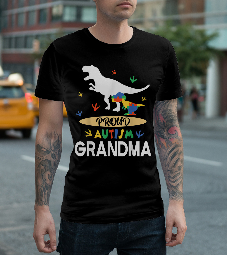 Proud Autism Grandma Dinosaur Puzzle Footprints T-Shirt