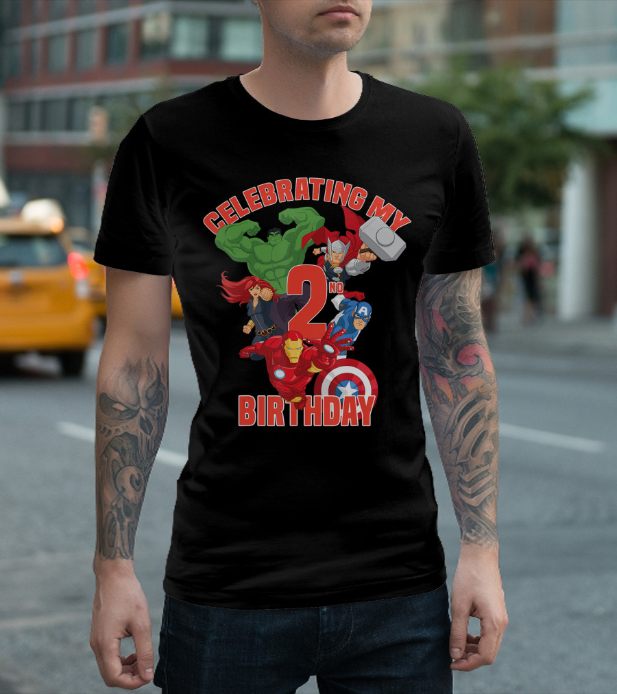 Celebrating My 2nd Birthday with Marvel Avengers Characters Iron Man Hulk Thor Captain America T-Shirt