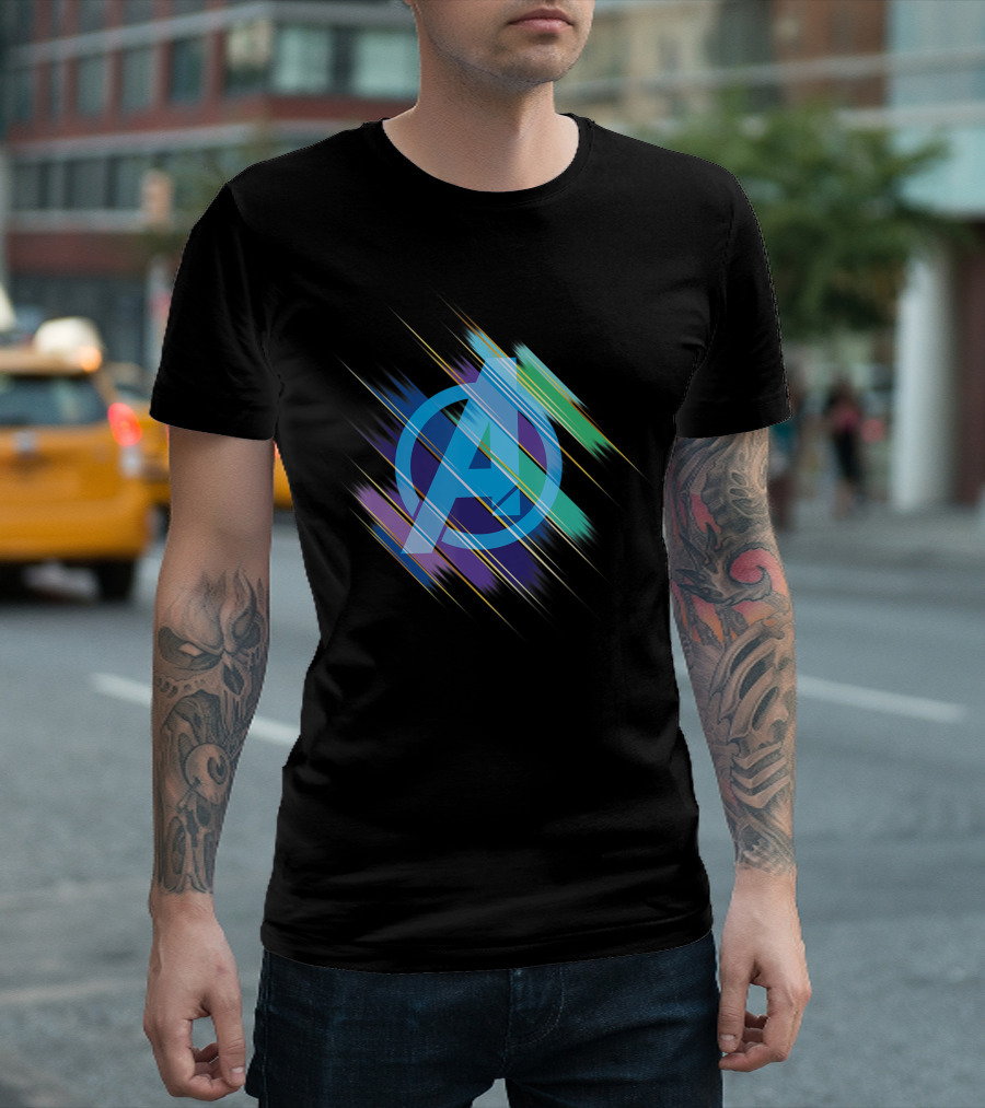 Avengers Endgame Blurred Ink Logo Multicolor Stripes T-Shirt