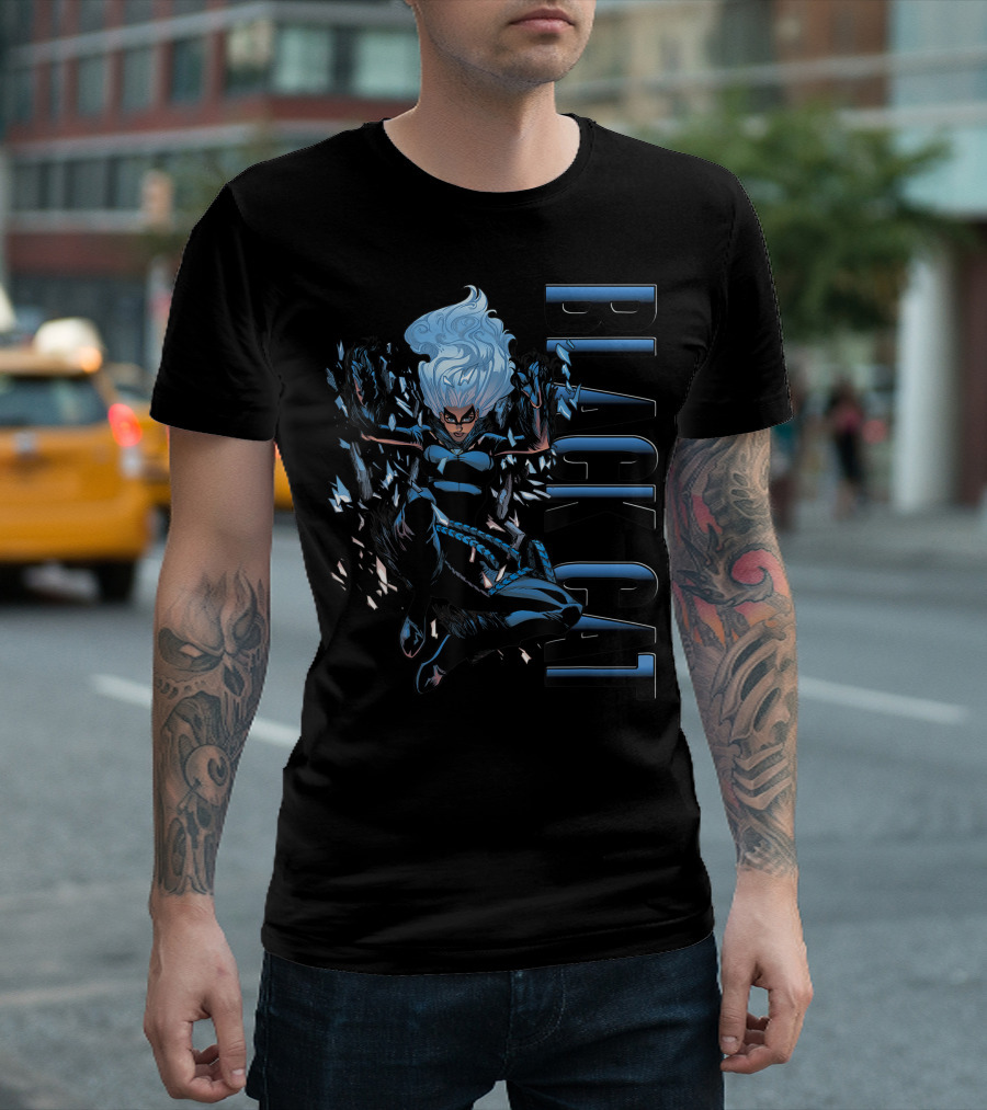 Marvel Black Cat Shattered Glass Free Fall Dynamic Heroic Pose T-Shirt