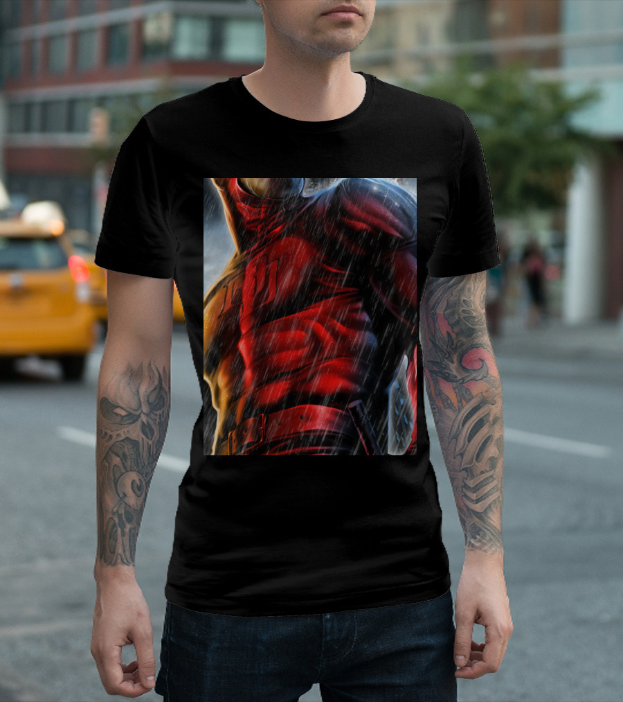 Marvel Daredevil Man Without Fear Epic Pose Red Costume in Rain T-Shirt