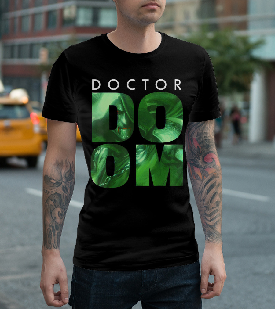Doctor Doom Green Portrait Marvel Stacked Text T-Shirt