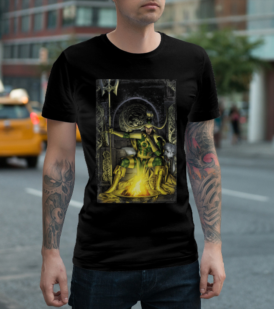 Marvel Loki Fenris Sitting Throne Bonfire Scene T-Shirt