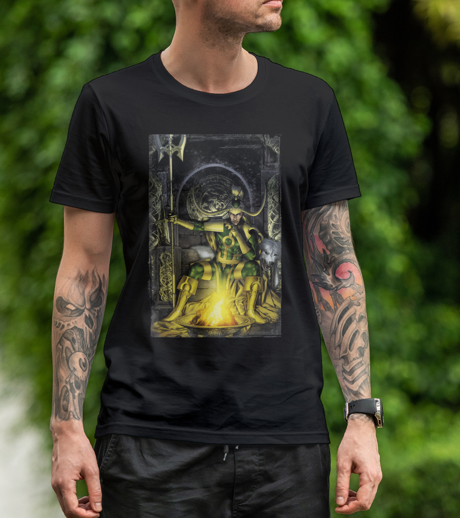 Marvel Loki Fenris Sitting Throne Bonfire Scene T-Shirt