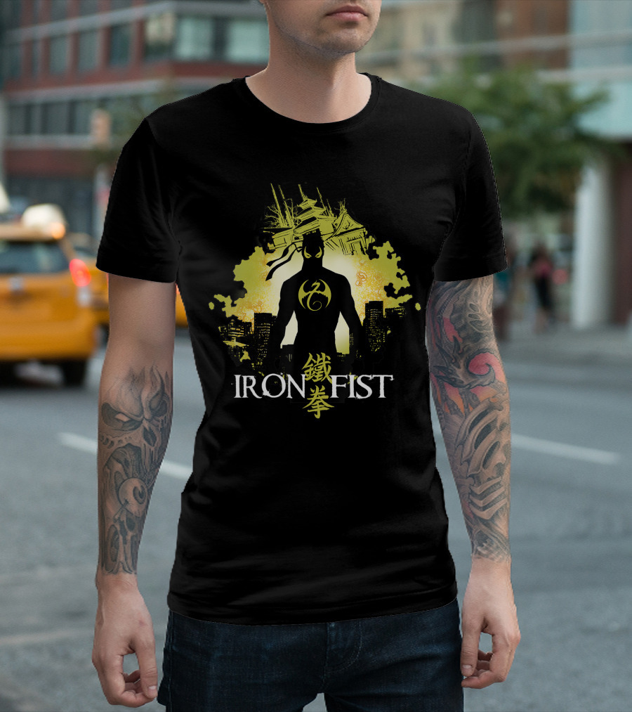 Marvel Iron Fist Blackout Cityscape With Character And Symbol Glow T-Shirt