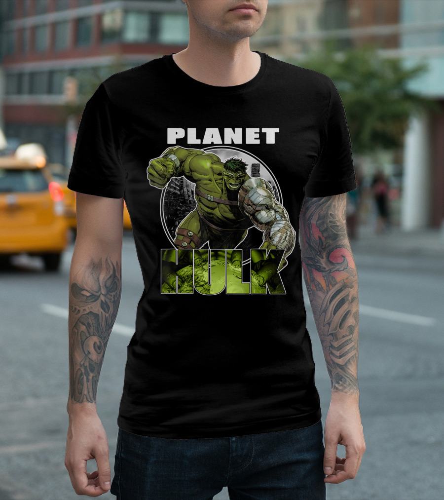 Marvel Planet Hulk Metal Arm Smash Action Scene T-Shirt