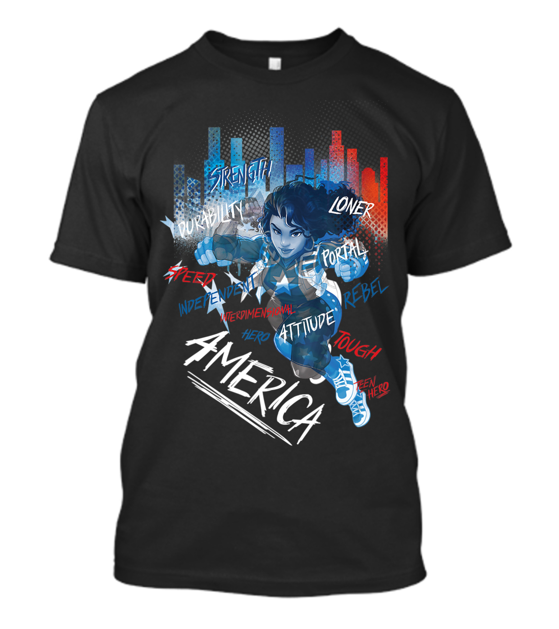 Marvel Rising Secret Warriors Miss America Chavez Strength Durability Speed Independent Interdimensional Hero Attitude Loner Portal Rebel Tough Teen Hero T-Shirt
