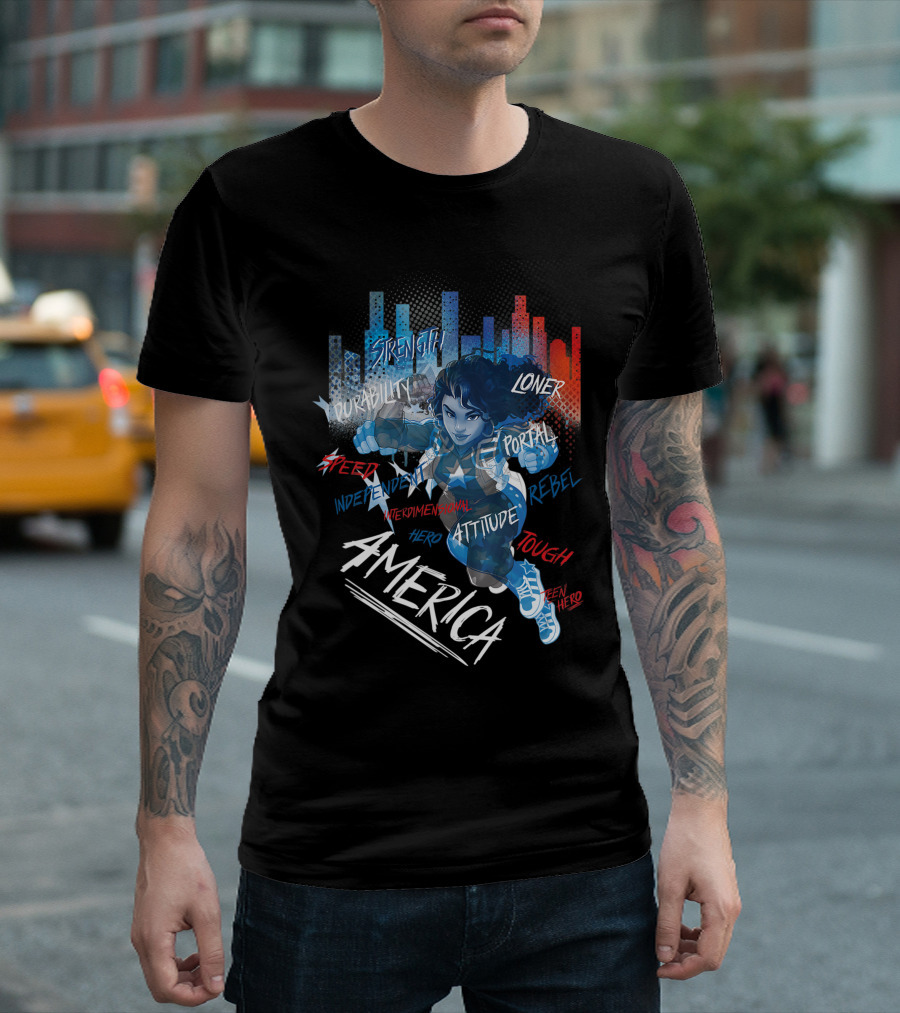 Marvel Rising Secret Warriors Miss America Chavez Strength Durability Speed Independent Interdimensional Hero Attitude Loner Portal Rebel Tough Teen Hero T-Shirt