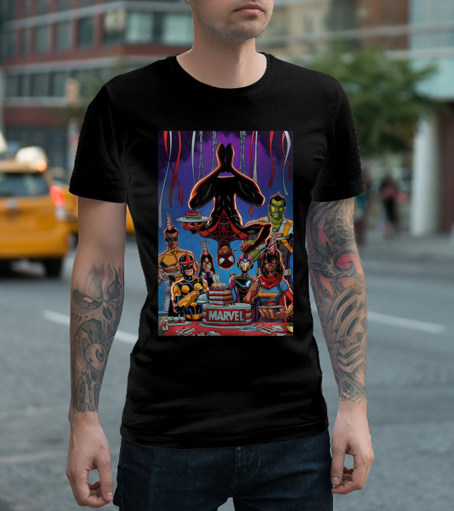 Marvel Spider Man Miles Morales Birthday Celebration With Superheroes Cake T-Shirt