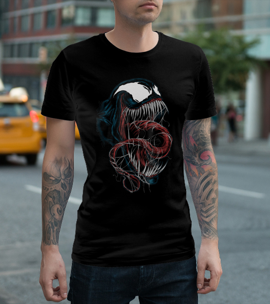 Marvel Venom Spider-Man Close Up Face with Teeth and Tongue Graphically Rendered T-Shirt