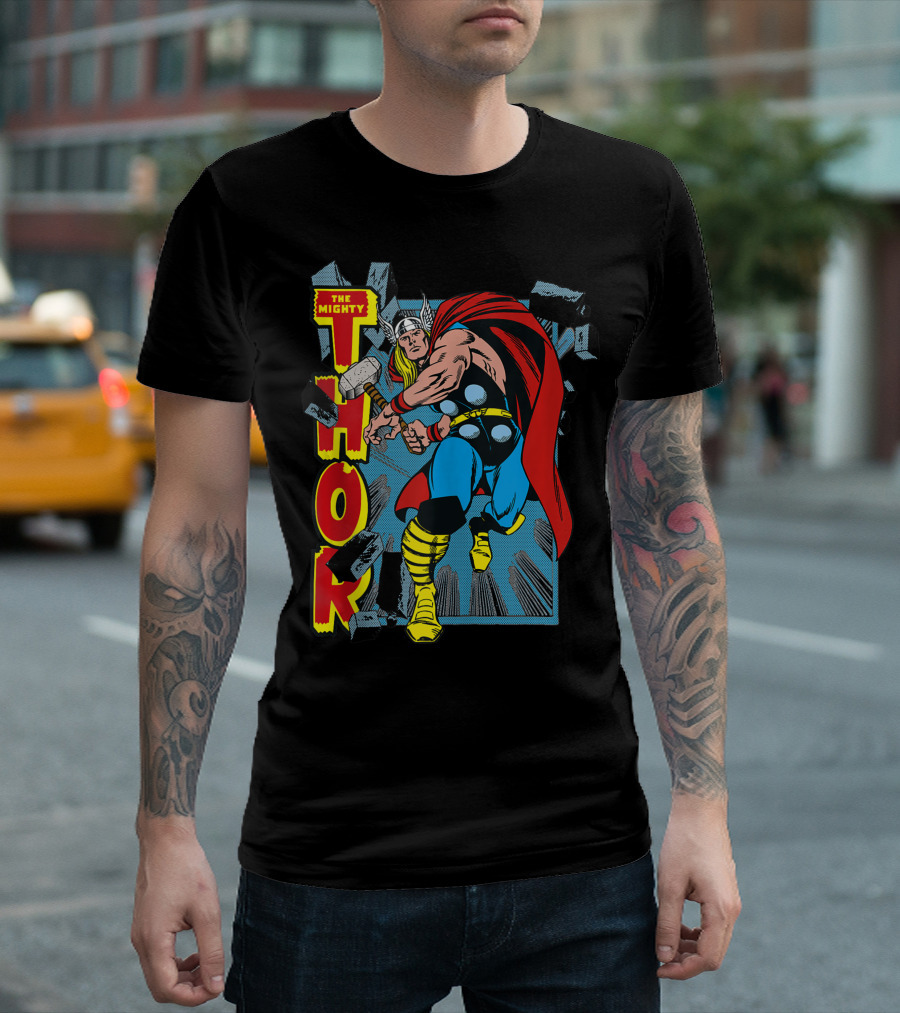 Marvel The Mighty Thor Wall Smash Comic Style Action Scene T-Shirt