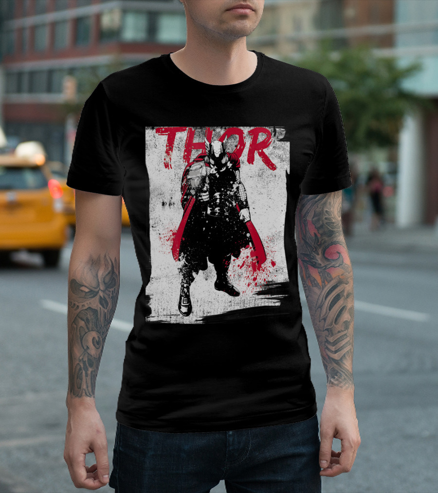 Marvel Thor Grunge Paint Splatter Red Black White T-Shirt