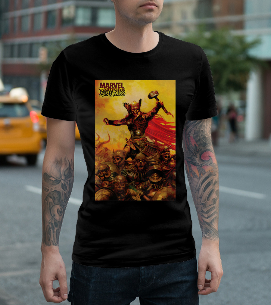 Marvel Zombies Thor Zombie Mjolnir Undead Battle Scene T-Shirt