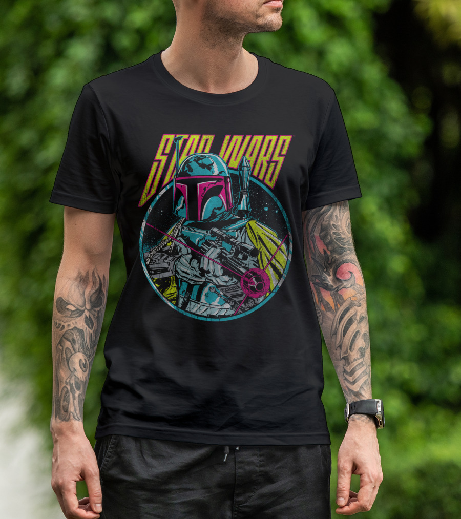 Star Wars Boba Fett Neon Blaster Retro Comic T-Shirt