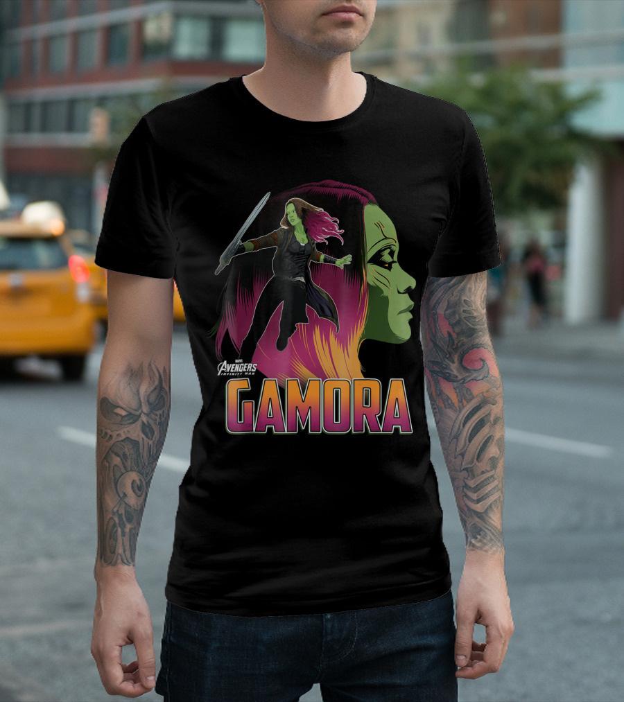 Marvel Avengers Infinity War Gamora Profile with Sword and Large Text T-Shirt