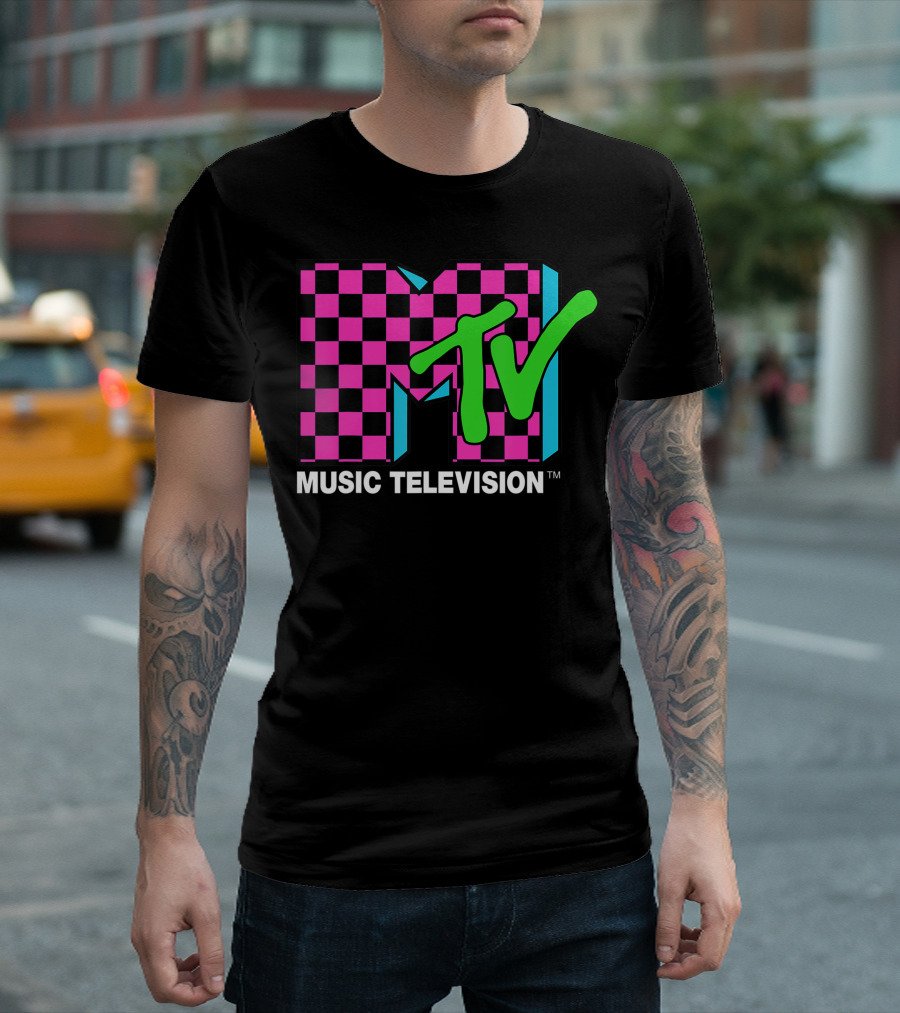 MTV Music Television Pink And Blue Checker T-Shirt