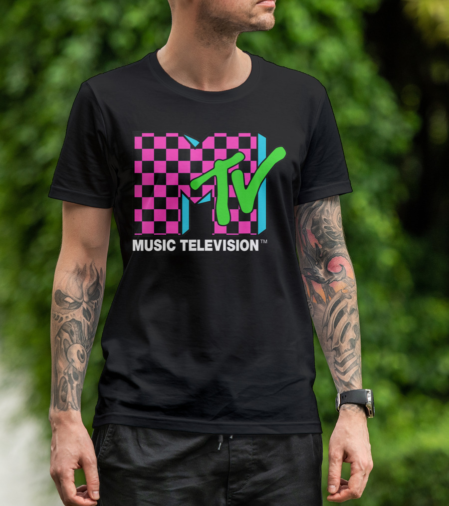 MTV Music Television Pink And Blue Checker T-Shirt