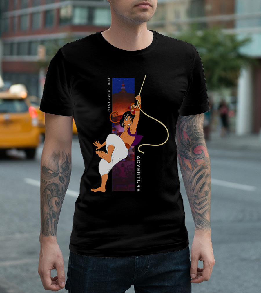 Disney Aladdin and Abu One Jump Into Adventure Rope Swing Iconic Scene T-Shirt