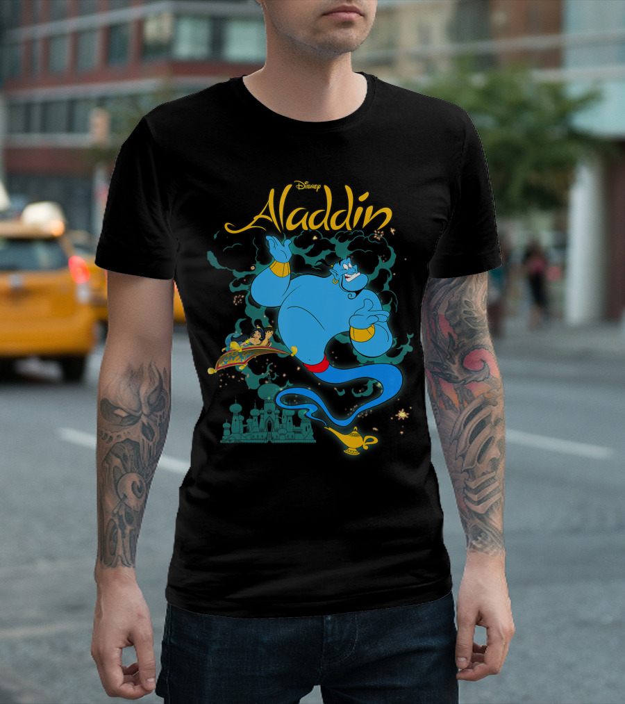 Disney Aladdin Genie Magic Carpet Ride with Lamp and Palace Background T-Shirt