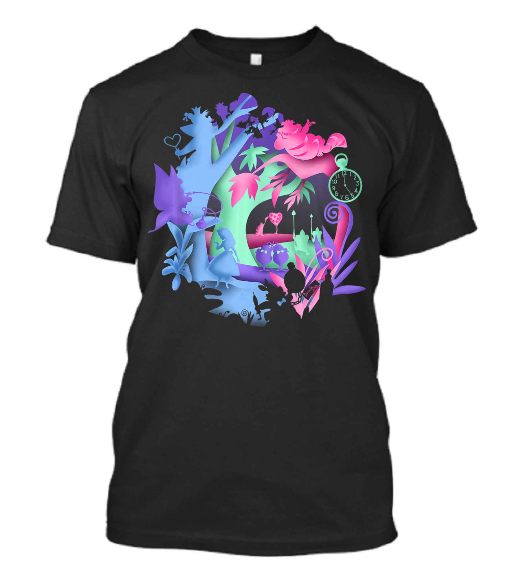 Disney Alice In Wonderland Cheshire Cat Neon Forest Clock Scene T-Shirt